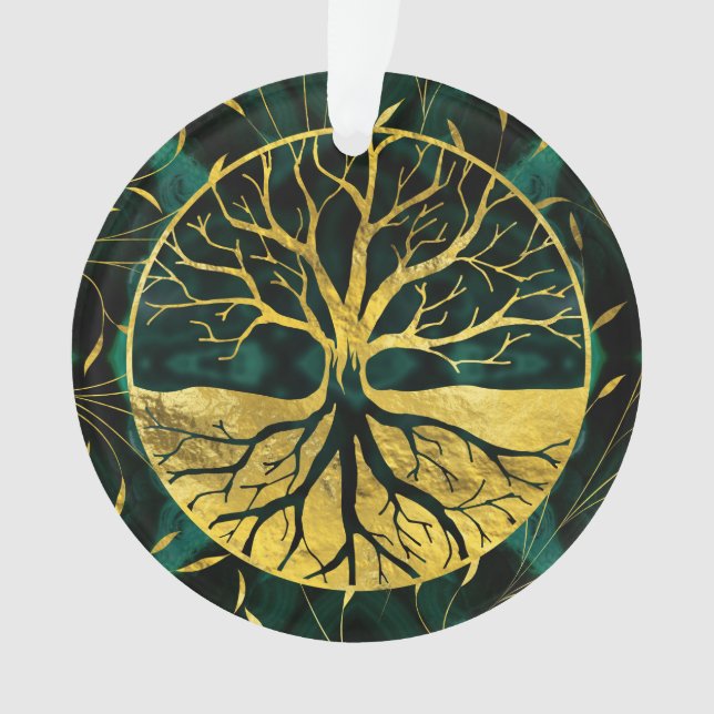 Ornamento Árvore de vida dourada Yggdrasil na malaquite (Frente)