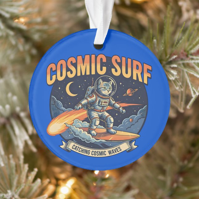 Ornamento Astronaut Cat Surfing Comic Waves  (Árvore)