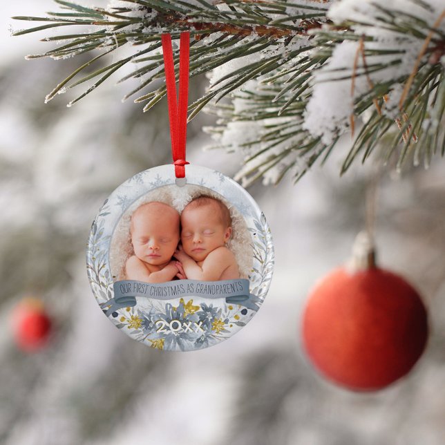 Ornamento Avô Primeiro Natal Dourado Foto Floral Azul (Criador carregado)
