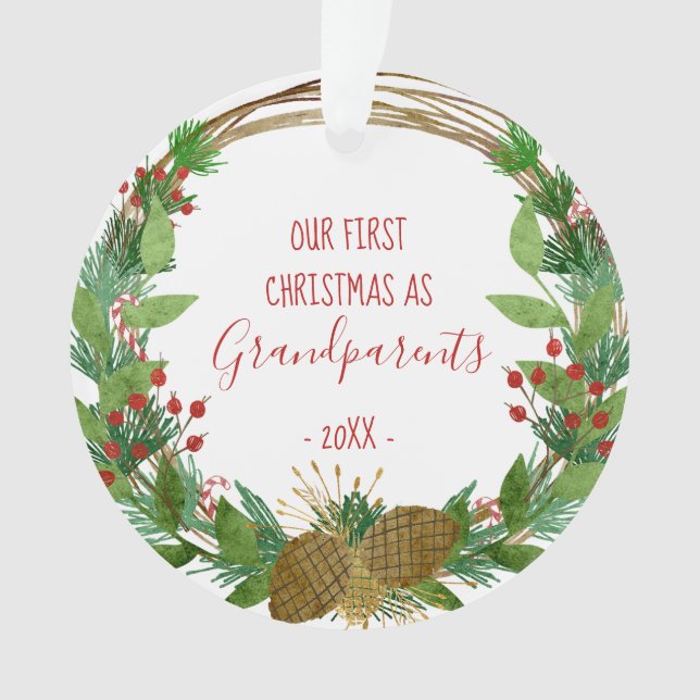 Ornamento Avós Natal Rustic Wreath Baby Photo (Frente)