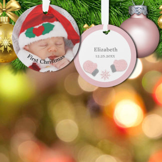 Ornamento Baby First Christmas Pink Mittens Photo Ornament