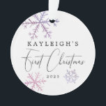 Ornamento Baby Girl First Christmas Pink Snowflakes Photo<br><div class="desc">Cute Christmas ornament for a newborn baby featuring a pink and purple watercolor snowflakes. The elegant script text on the top says "XX's First Christmas." Add a picture on the back of the ornament.</div>