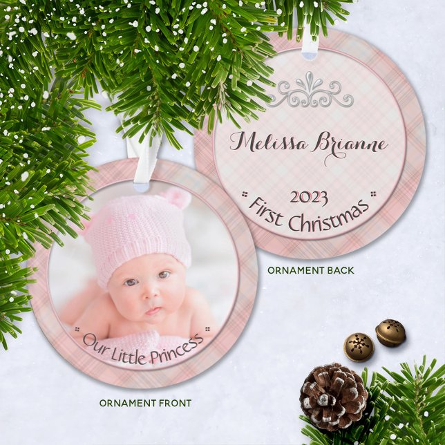 Ornamento Baby Girl Little Princess First Christmas Keape (Keepsake Baby's First Christmas Photo Ornament with Year and Name | Our Little Princess, Baby Girl)