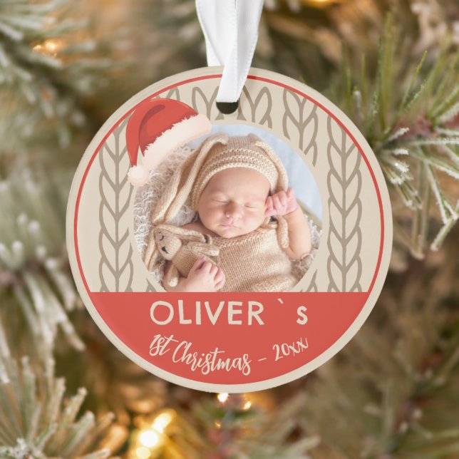 Ornamento Baby`s 1st Christmas Santa Hat Knitting Photo (Árvore)