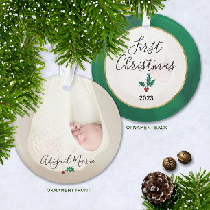 Ornamento Baby's First Christmas Photo Green & Red Holly