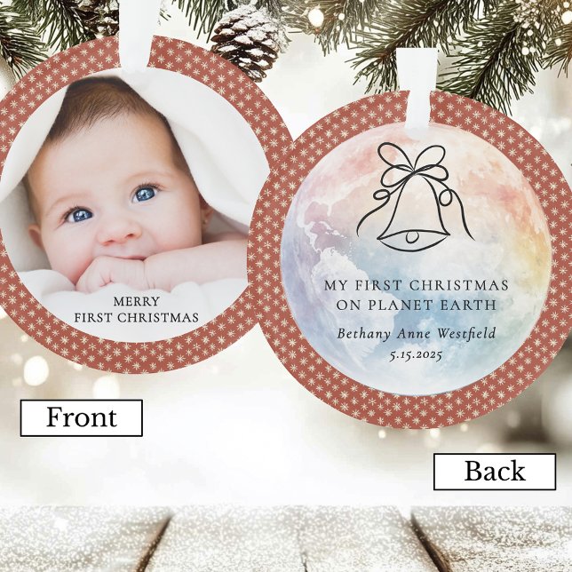 Ornamento Baby's First Christmas Terracotta Photo Keepsake (Baby's First Christmas on Planet Earth Terracotta Photo Keepsake Ornament)