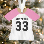 Ornamento Baseball Rosa Personalizado Jersey<br><div class="desc">Celebre sua estrela de beisebol com este ornamento personalizado de camisa rosa e branca pinstripe. Perfeito para comemorar uma estação especial,  jogador ou equipe. Personalize-o com um nome e número para criar uma manutenção exclusiva.</div>