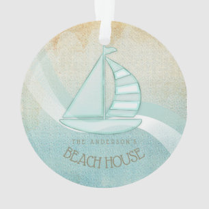 Ornamento Beach House Nautical Sailboat Aqua Blue ID623