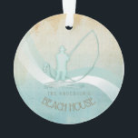 Ornamento Beach House Pescador náutico Aqua Blue ID623<br><div class="desc">Este design de ornamento acrílico nas cores suaves do mar e da areia permite que você adicione facilmente seu próprio nome e texto usando o modelo fornecido. A simples imagem do pescador sobre um fundo angustiado e aquoso é destacada por um sotaque de onda em aqua e branco. Se você...</div>