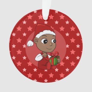 Ornamento Bebê afro-americano bonito com chapéu de Papai Noe