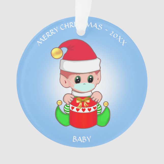 Ornamento bebê elfo de Natal com máscara facial em azul clar (Frente)