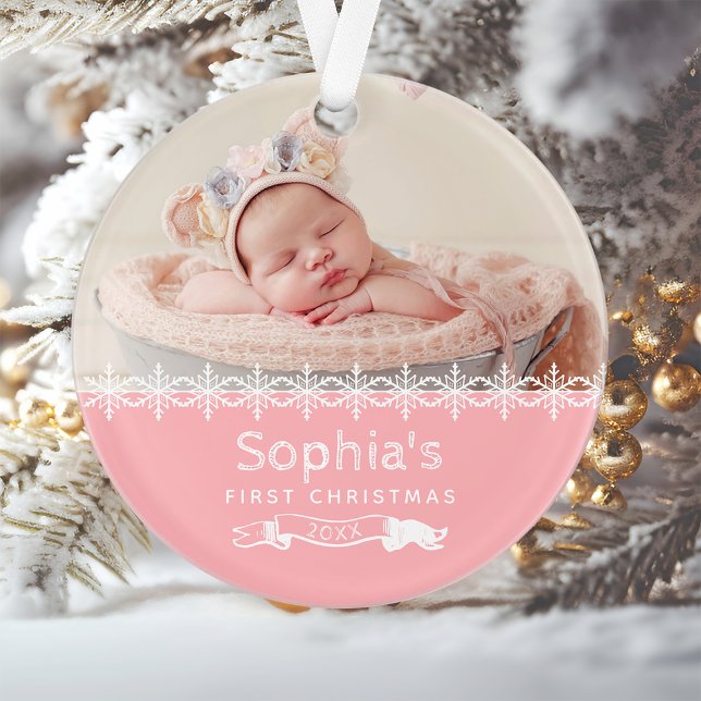 Ornamento Bebê Menina Primeiro Natal Personalizada Foto Rosa (Criador carregado)