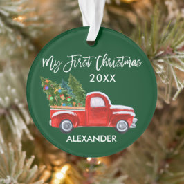 Ornamento Bebê Meu Primeiro Natal Vintage Red Truck Green