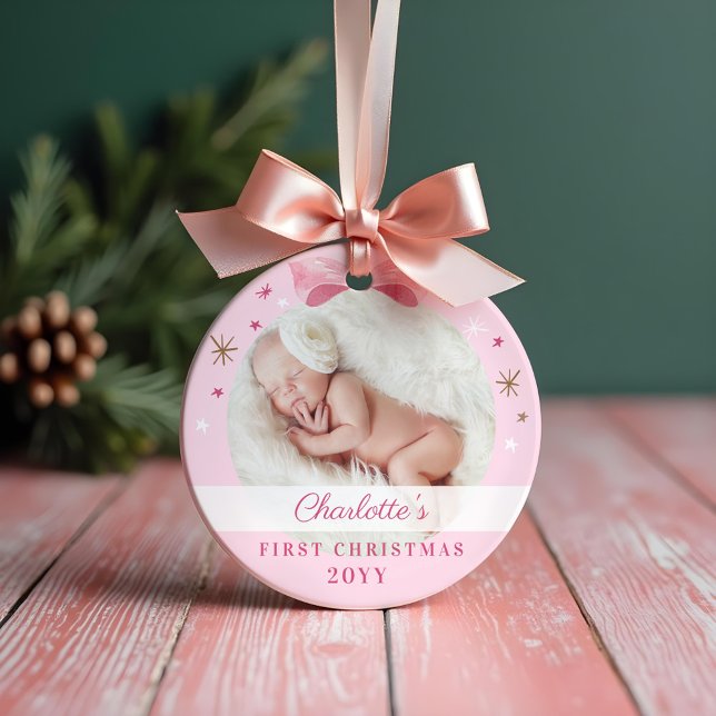 Ornamento Bebê Primeiro Arco Rosa de Natal e Estrelas (Baby First Christmas Pink Bow & Stars Ornament)