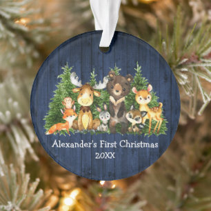Ornamento Bebê Primeiro Natal Animais da Floresta Azul