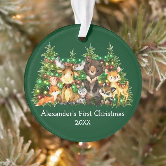 Ornamento Bebê Primeiro Natal Animais Florestais Luz Verde (Árvore)