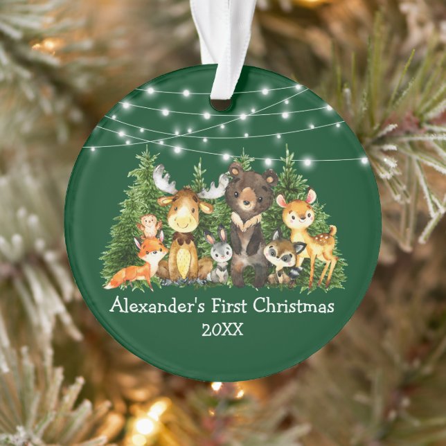 Ornamento Bebê Primeiro Natal Animais Florestais Luz Verde (Árvore)