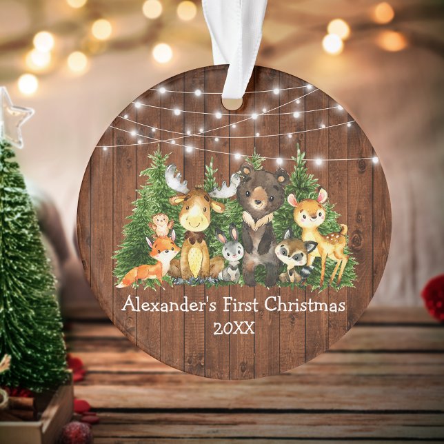 Ornamento Bebê Primeiro Natal Animais Florestais Luzes Russa (Customize with name and year.)