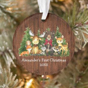 Ornamento Bebê Primeiro Natal Animais Florestais Madeira Ar