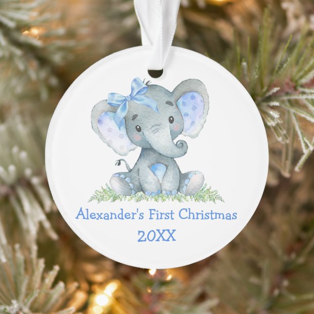 Ornamento Bebê Primeiro Natal Aquarela Arco Elefante Azul (Árvore)