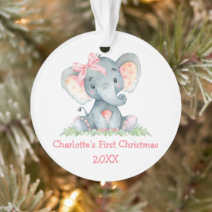 Ornamento Bebê Primeiro Natal Aquarela Arco Elefante Rosa