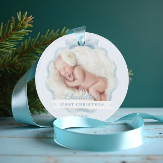 Ornamento Bebê Primeiro Natal Aquarela Azul Fita e Arco