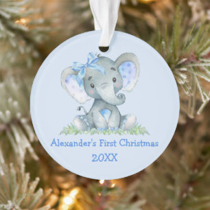 Ornamento Bebê Primeiro Natal Aquarela Elefante Arco Azul