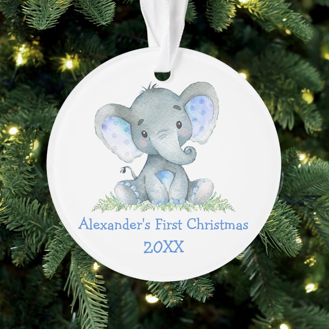 Ornamento Bebê Primeiro Natal Aquarela Elefante Azul (Customize with name and year.)