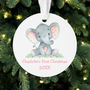 Ornamento Bebê Primeiro Natal Aquarela Elefante Rosa