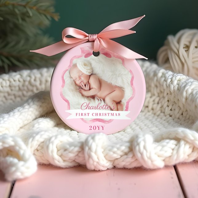 Ornamento Bebê Primeiro Natal Fita e Arco Rosa (Baby First Christmas Pink Ribbon & Bow Ornament)