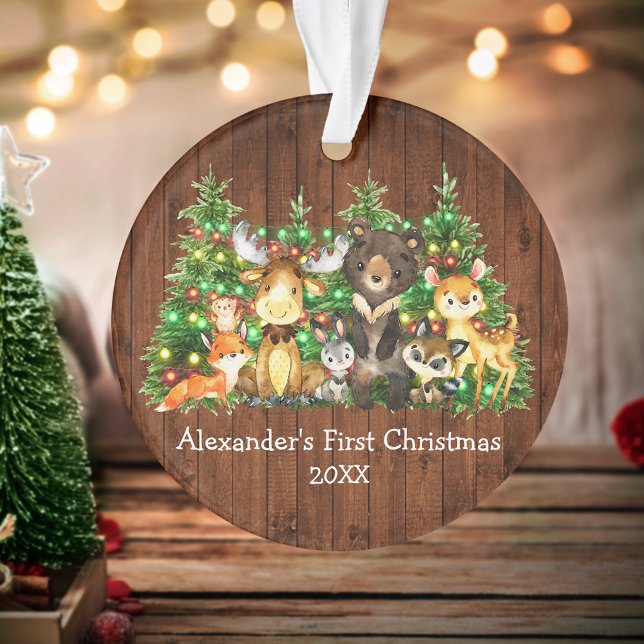 Ornamento Bebê Primeiro Natal Floresta Animais Luzes De Árvo (Customize with name and year.)