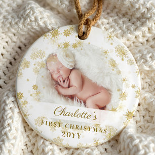 Ornamento Bebê Primeiro Natal Foto de Flocos de Neve Dourad
