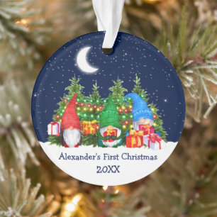 Ornamento Bebê Primeiro Natal Gnomos de Aquarela Luz Céu