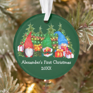 Ornamento Bebê Primeiro Natal Luz Gnomos Verde