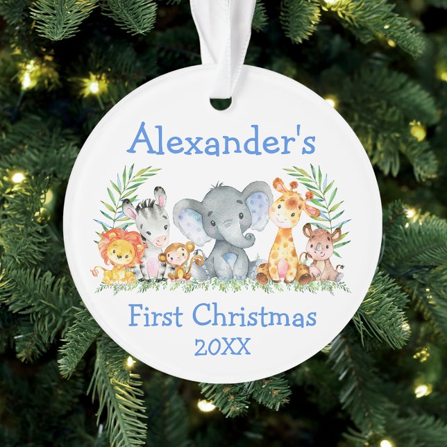 Ornamento Bebê Primeiro Natal Safari Animais Azuis (Customize with name and year.)