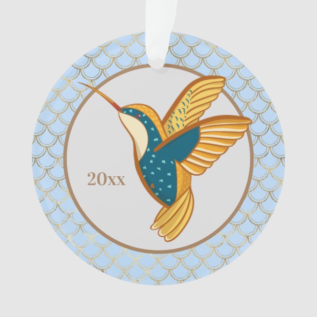Ornamento Beija-flor Azul Dourado (Frente)