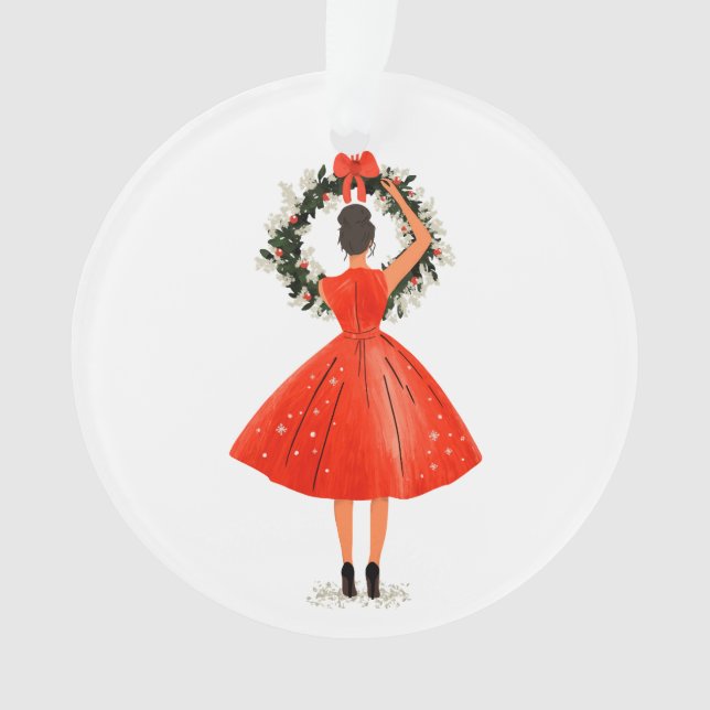 Ornamento Bela Natal Clássica em Vestido Vermelho (Frente)
