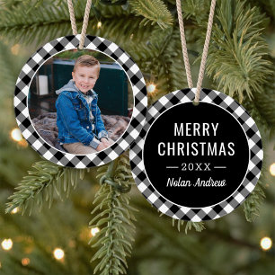 Ornamento Black Buffalo Plaid Holiday Photo Personalized