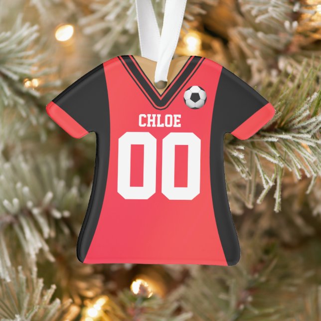 Ornamento Black Personalizado/Red Soccer Jersey (Árvore)