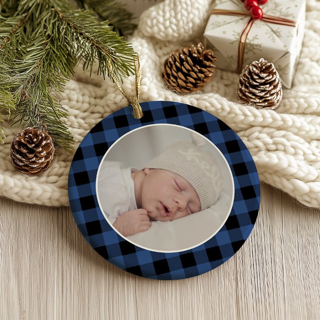 Ornamento BLUE BUFFALO PLAID NAME Photo Christmas Keepsake (Criador carregado)
