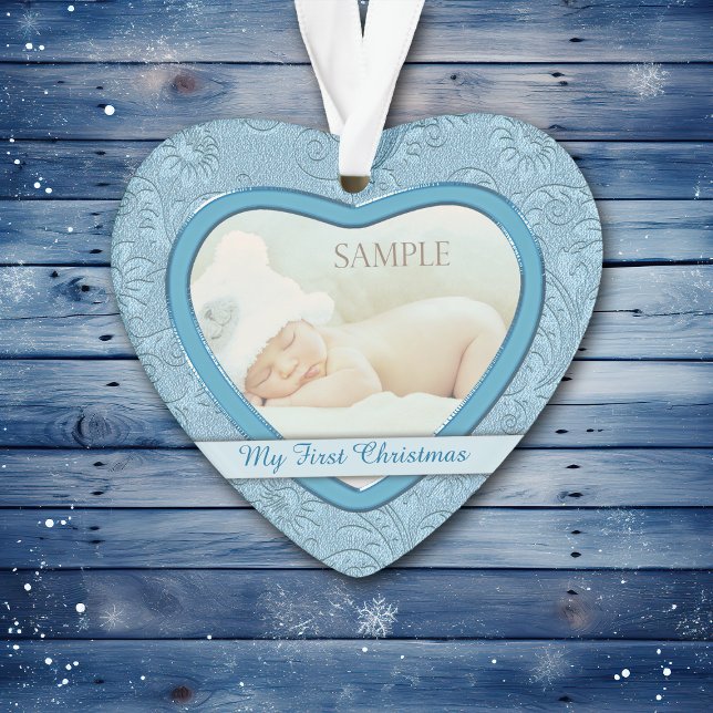 Ornamento Blue Heart Swirl Baby First Christmas (Criador carregado)