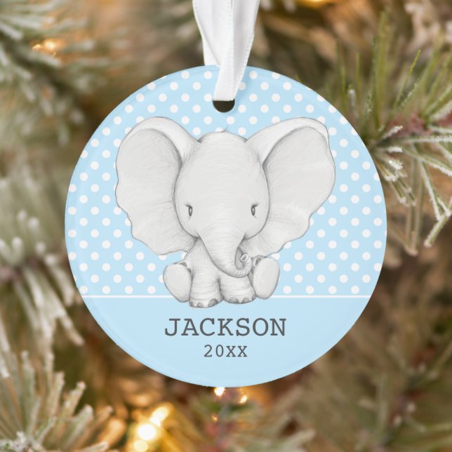 Ornamento Blue Polka Dot Elephant Personalized Boy baby (Árvore)