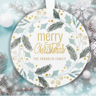 Ornamento Blue Tan Winter Greenery Merry Christmas Name