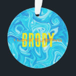 Ornamento Blue Water I AMOR SURFING NAME Ocean Beach Fun Orn<br><div class="desc">Paint Swirl Design in Blues com nome personalizado em amarelo, personalizado EU AMO SURFING em laranja. No verso, FAVORITE BEACH NAME personalizado a laranja. Fácil de personalizar texto, cores de texto, fontes. Excelente souvenir para qualquer sopro de surfe em qualquer idade! Moderno, Colorido, Divertido. Misturar e combinar coleções de surf/Abstrato...</div>
