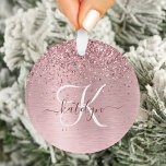 Ornamento Blush Pink Brushed Metal Glitter Monogram Name<br><div class="desc">Easily personalize this trendy chic ornament design featuring pretty blush pink sparkling glitter on a blush pink brushed metallic background.</div>