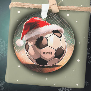 Ornamento Bola de futebol com nome Red Santa Hat Natal Natal