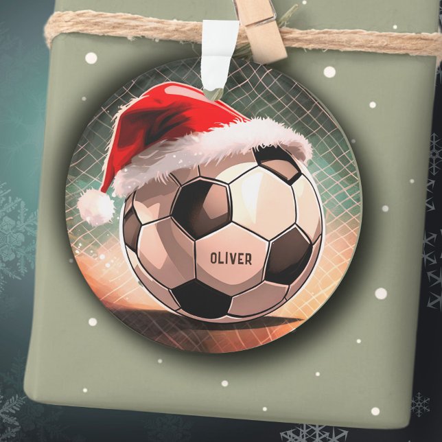 Ornamento Bola de futebol com nome Red Santa Hat Natal Natal (Criador carregado)