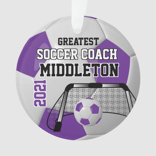 Ornamento Bola de Futebol Personalizada em Púrpura e Branco (Frente)