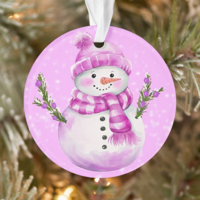 Ornamento Boneco de Neve Alegre Rosa Personalizado (Personalize on the back!)