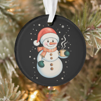 Ornamento Boneco de Neve Café Quente Chapéu de Papai Noel In